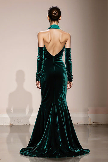 Halter Dark Green Mermaid Velvet Evening Dress